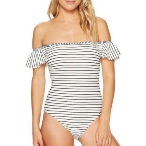 VINCE CAMUTO‎ SWIM One-Piece Off Shoulders Bathing Suit Striped Black White Sz 6 - Picture 3 of 16